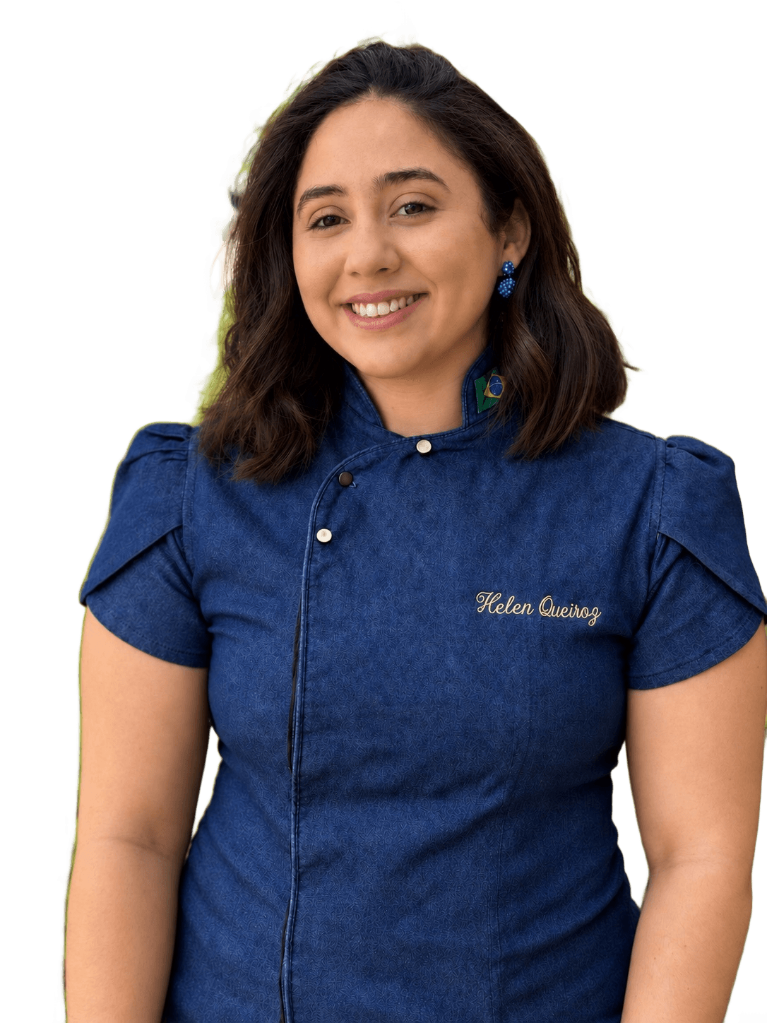 Portrait of Helen, the baker behind Ma Petite Ruby, smiling outdoors in her chef coat
